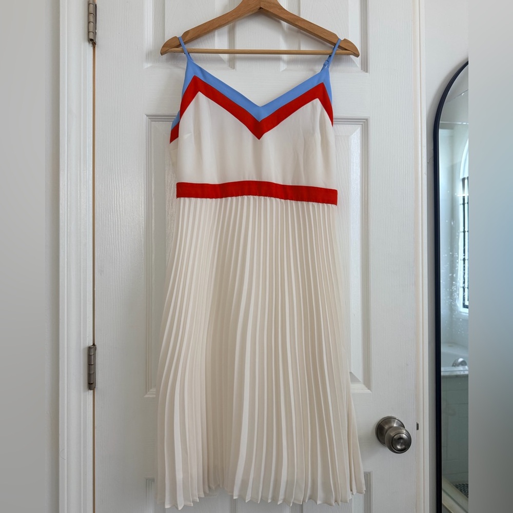 Banana Republic Cream Pleated Dress with Red and Blue Trim